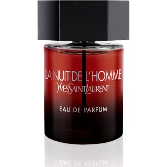 Yves Saint Laurent La Nuit De l'Homme 100 ml herrparfym i rödtonad glasflaska med stort svart sexkantigt lock