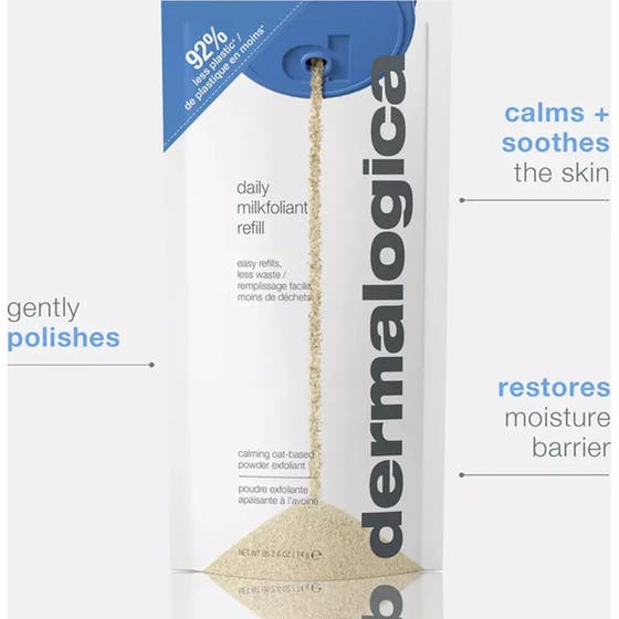 Dermalogica Daily Milkfoliant 74 g refill lugnande ansiktsskrubb i påse som häller ut ett havrebaserat puder.