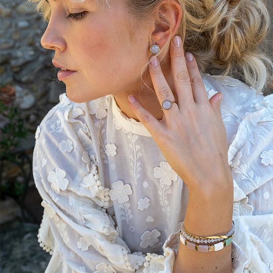 Steel Gold Earring Rose Quartz Gold