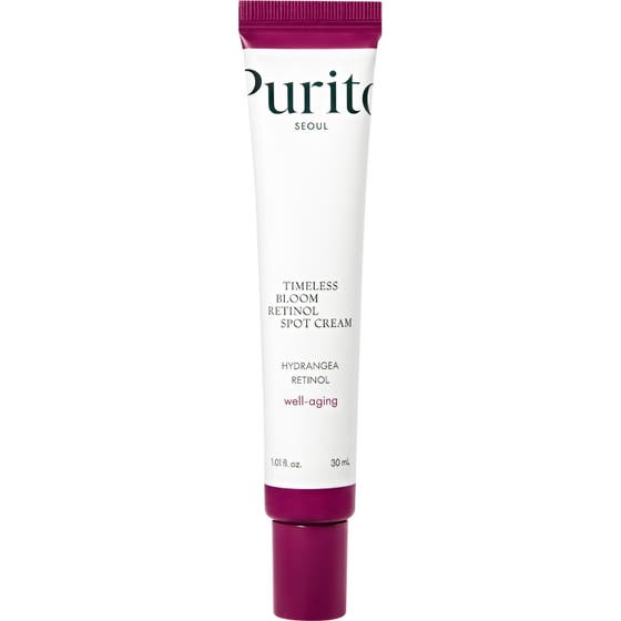 Purito Seoul Timeless Bloom Retinol Spot Cream 30 ml anti-rynk retinol kräm i en vit tub med lila kork