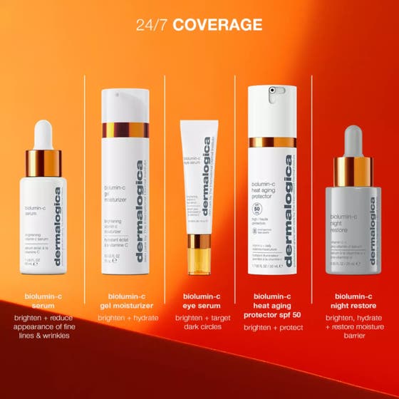 Dermalogica Biolumin-C Heat Aging Protector 50 ml dagkräm med tabell över kliniska resultat mot rynkor.