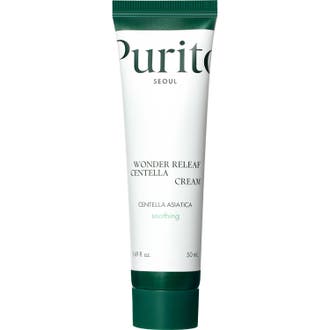 Purito Wonder Releaf Centella Cream 50 ml lugnande ansiktskräm i vit tub med mörkgrönt lock.