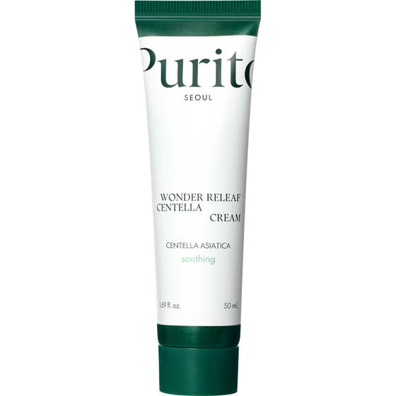 Purito Wonder Releaf Centella Cream 50 ml lugnande ansiktskräm i vit tub med mörkgrönt lock.