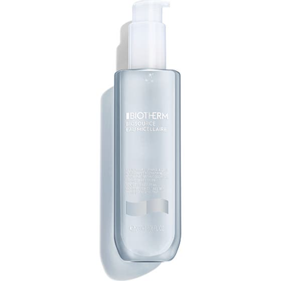 Biotherm Biosource Micellär Vatten 200 ml mild sminkborttagning i genomskinlig pumpflaska för känslig hud.