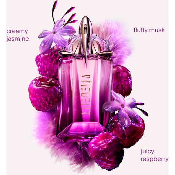 Mugler Alien Pulp 60ml damparfym visar glansiga hallon och lila blommor framför en mjuk rosa bakgrund