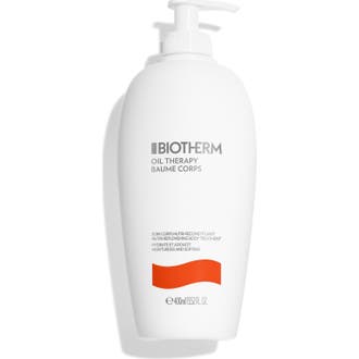 Biotherm Oil Therapy Baume Corps 400ml djupnärande hudvård i en vit pumpflaska som ger intensiv återfuktning.