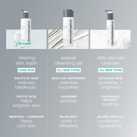 Dermalogica Clearing Skin Wash 250 ml porrensande rengöringsgel i vit flaska med grått lock för daglig aknebehandling.