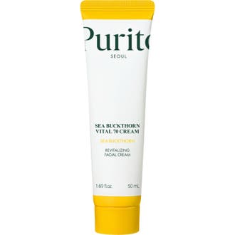 Purito Sea Buckthorn Vital 70 Cream 50 ml lystergivande ansiktskräm i vit och orange tub som ger jämnare hudton