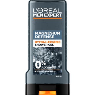 L'Oréal Men Expert Magnesium Defence duschtvål för män allergitestad i grå genomskinlig flaska med svart lock