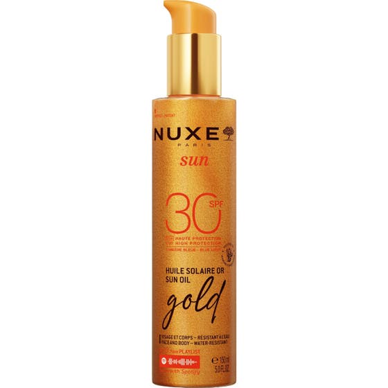 Nuxe Sun Oil Gold 150 ml nuxe solskydd ansikte och kropp är en guld solbränningsolja i skimrande bärnstensfärgad flaska.