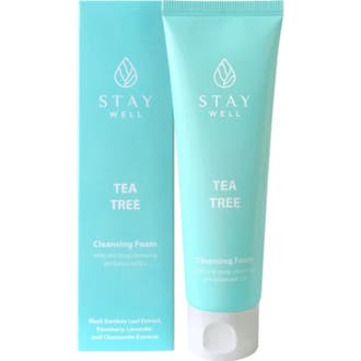 Stay Well Tea Tree Cleansing Foam 150 ml vegansk ansiktsrengöring i vit tub med mörkgrönt lock