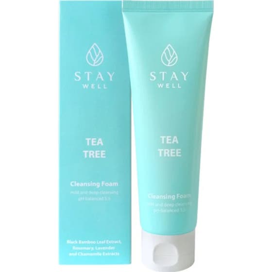 Stay Well Tea Tree Cleansing Foam 150 ml vegansk ansiktsrengöring i vit tub med mörkgrönt lock