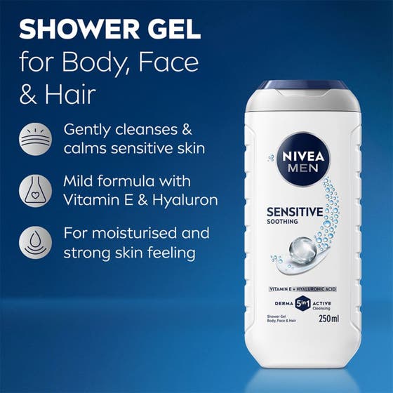NIVEA MEN Shower Gel Sensitive 250 ml lugnande duschtvål med bambuextrakt i vit flaska omgiven av gröna blad.