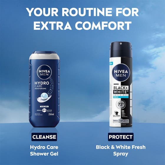 NIVEA MEN Black & White Fresh Spray 150 ml antiperspirant spray med anti-fläck formula på svartvit bakgrund.