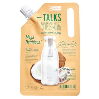 Missha Talks Vegan Pocket Sleeping Mask 10 g är en cold pressed sovmask i beige påse med skruvkork och kokosnöt