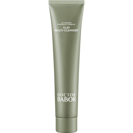 Doctor Babor Cleanformance Clay Multi-Cleanser för detox djuprengöring ansikte i en skimrande grön tub med vitt lock.
