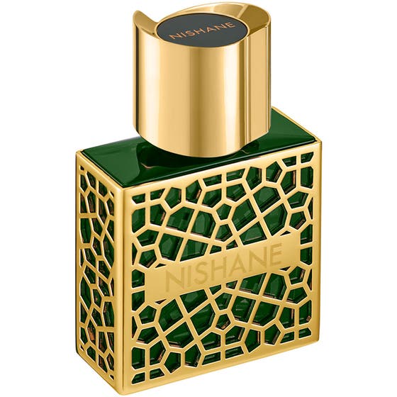 NISHANE Shem Extrait de Parfum 50 ml exklusiv niche parfym i mörkgrön glasflaska med dekorativt guldgaller och guldlock