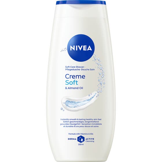 Nivea Creme Soft 250 ml fuktighetsbevarande duschkräm med mandelolja i vit plastflaska med blå detaljer