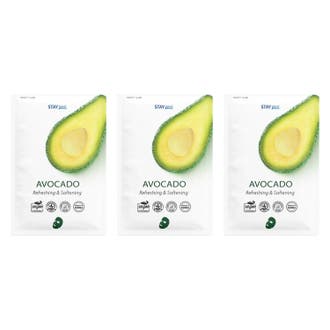 Stay Well Avocado Sheet Mask 3-pack mjukgörande ansiktsmask i vita påsar med bild av en delad avokado