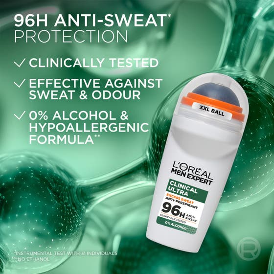L'Oréal Paris Men Expert Clinical Ultra Deo 50 ml roll-on mot svett med XXL ball och 96h skydd.