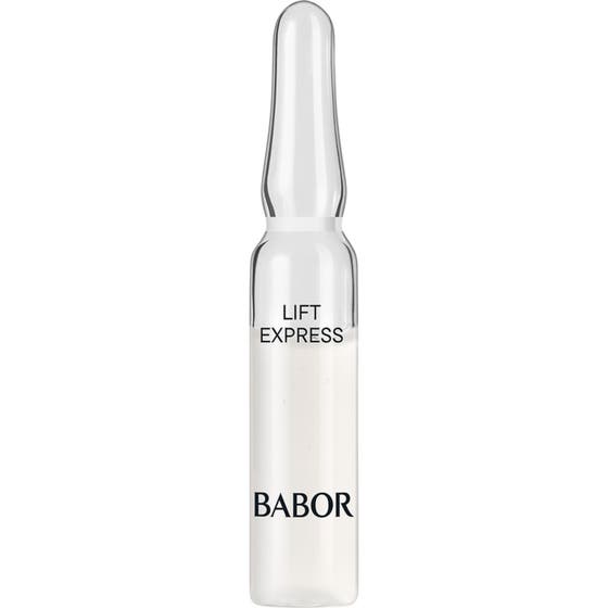 Babor Lift Express uppstramande ampull ger huden ett lyft i en genomskinlig glasampull med vitaktigt serum