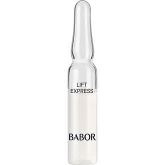Babor Lift Express uppstramande ampull ger huden ett lyft i en genomskinlig glasampull med vitaktigt serum