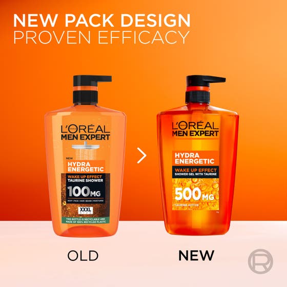 L'Oréal Paris Men Expert Hydra Energetic 1000 ml taurin duschgel i orange pumpflaska bredvid en man med pigg hy.