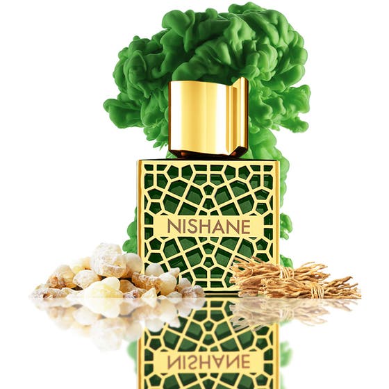 NISHANE Shem Extrait de Parfum 50 ml exklusiv niche parfym i mönstrad guldflaska med grönt rökmoln och kåda