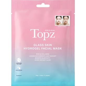 Topz Original Glass Skin Hydrogel Mask 34g lystergivande ansiktsmask i rosa och blå sachet som ger spänst med kollagen