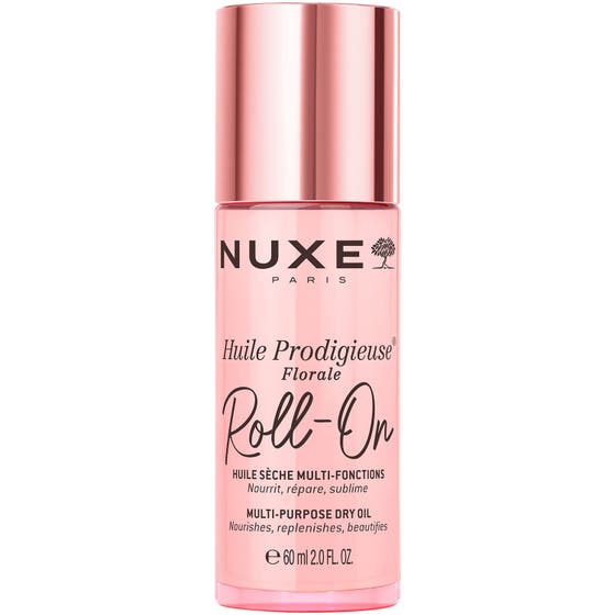 Nuxe Huile Prodigieuse Florale Roll-On 8 ml vårdande torrolja i rosa glasflaska med glänsande rosa lock.