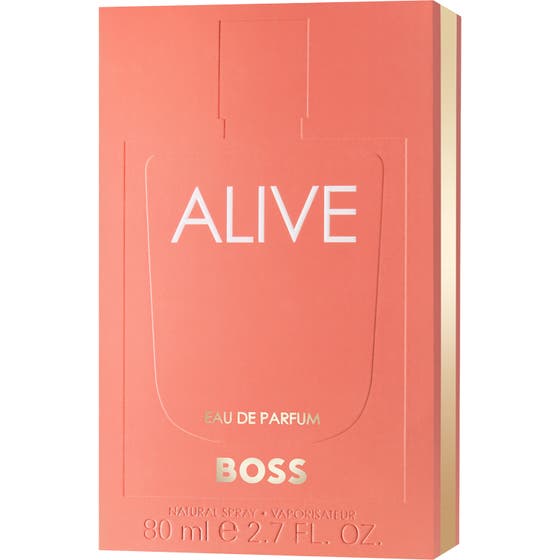 Hugo Boss Boss Alive EDP 80ml damparfym i en elegant korallrosa ytterförpackning med lyxiga gulddetaljer