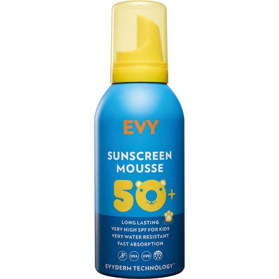 EVY Technology Sunscreen Mousse SPF 50 för barn ger vattenresistent skydd i en blå flaska med gult lock och kattmotiv.