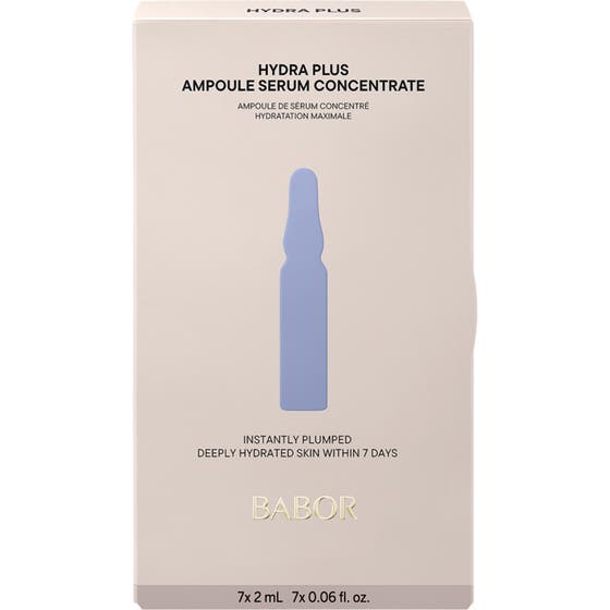 Babor Ampoule Hydra Plus 14 ml hyaluronsyra ampull ansiktsserum i beige ask med blå ampull-illustration