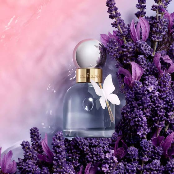Cacharel Ella Ella Flora Azura 30 ml damparfym ljusblå flaska med silverkork och vit fjäril bland lila lavendel
