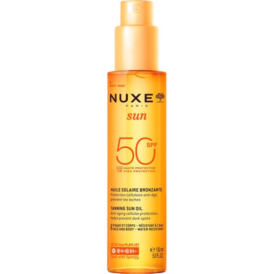 Nuxe Sun Tanning Sun Oil SPF 50 150 ml anti age sololja i orange sprayflaska som ger ett högt skydd