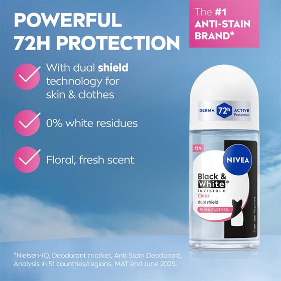 NIVEA Black & White Original 50 ml roll-on deodorant ger 72h fläckfri effekt i en smidig glasflaska.