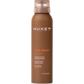 Nuxe Men [Boost]³ Anti-Irritation Shaving Foam 150 ml lugnande rakskum i en brun metallflaska med tonat lock.