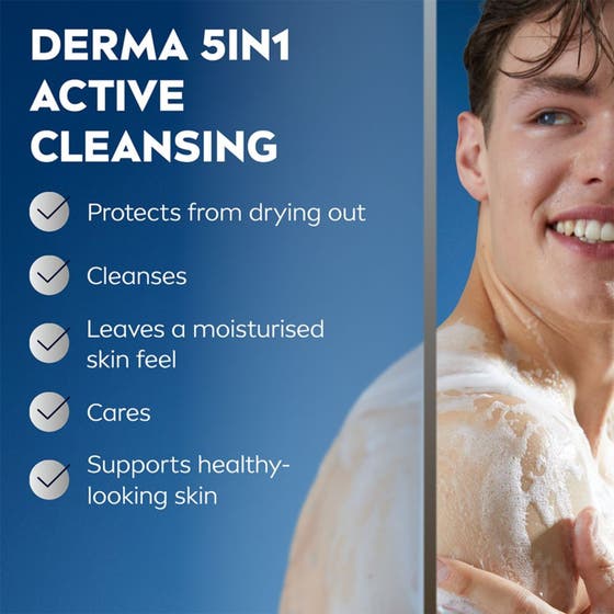 NIVEA MEN Shower Gel Sensitive 250 ml lugnande 3-i-1 duschtvål med bambuextrakt i vit flaska mot blå bakgrund.