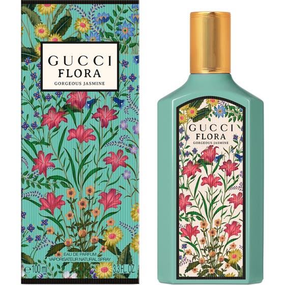 Gucci Flora Gorgeous Jasmine 100ml edp damparfym i turkos flaska med guldkork och ask med blommönster