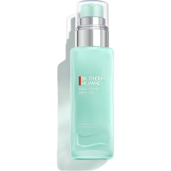 Biotherm Homme Aquapower Advanced Gel 75 ml återfuktande ansiktsgel i ljusblå frostad flaska med silverpump.
