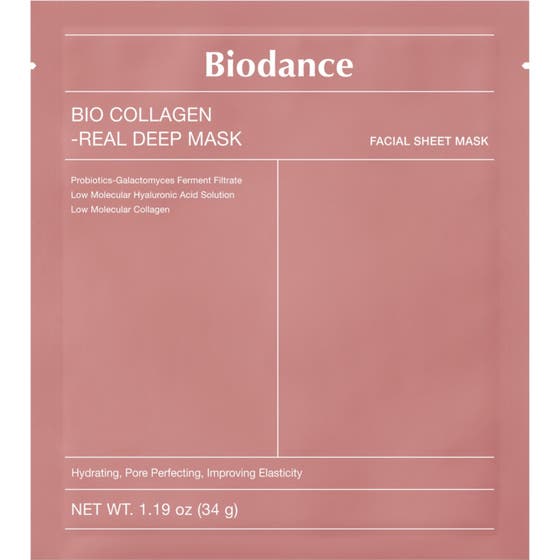 Biodance Bio Collagen Real Deep Mask 34 g återfuktande sheet mask i en rosa förpackning med vit text.