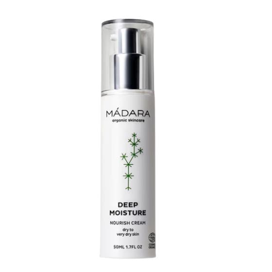 Mádara Deep Moisture Nourish Cream 50 ml närande kräm för torr hud i vit pumpflaska med silverdetaljer