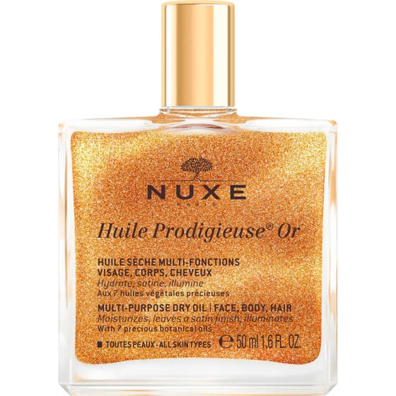 Nuxe Huile Prodigieuse Or 50 ml närande skimmerolja för ansikte kropp och hår med guldskimmer i en fyrkantig glasflaska.