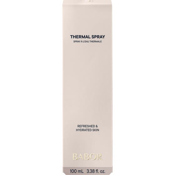 Babor Thermal Spray 100 ml återfuktande face mist i vit ytterkartong med texten For Every Skin Type.