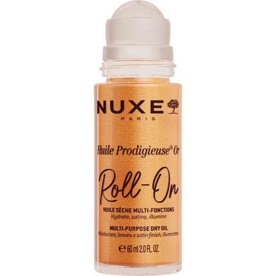 Nuxe Huile Prodigieuse Or Roll-On 60 ml skimmerolja som ger lyster i genomskinlig flaska med rollerball-applikator.