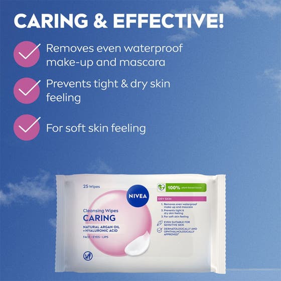 NIVEA 3-i-1 rengöringsservetter ansikte 25 st ger återfuktande rengöring i vit förpackning med rosa sminkdrag.