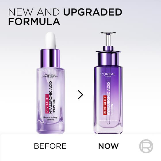 L'Oréal Paris Revitalift Filler 30 ml hyaluronsyraserum ger fukt i lila ytterförpackning med pipettflaska