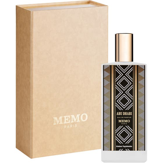 Memo Paris Abu Dhabi Eau de Parfum 75 ml unisex parfym i vit mönstrad flaska med guldlock och beige ytterkartong