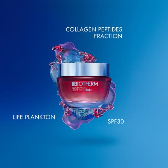 Biotherm Blue Peptides Uplift 50 ml uppstramande ansiktskräm med illustrerade blå och röda molekyler.