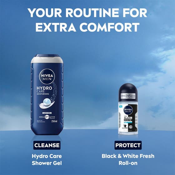 NIVEA Black & White Fresh 50 ml antiperspirant herr med fläckskydd visas i grupp på vita block med 48h skydd